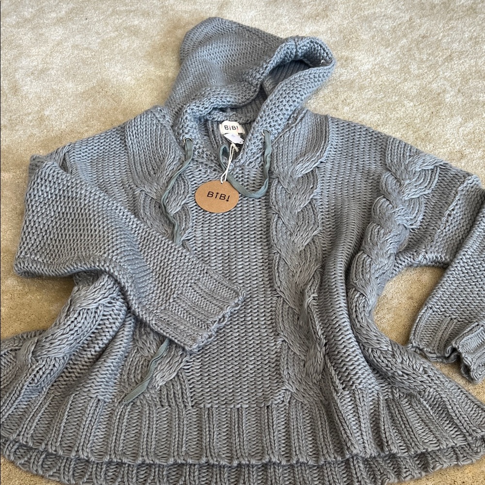 BiBi Gray Cable-Knit Hooded Sweater